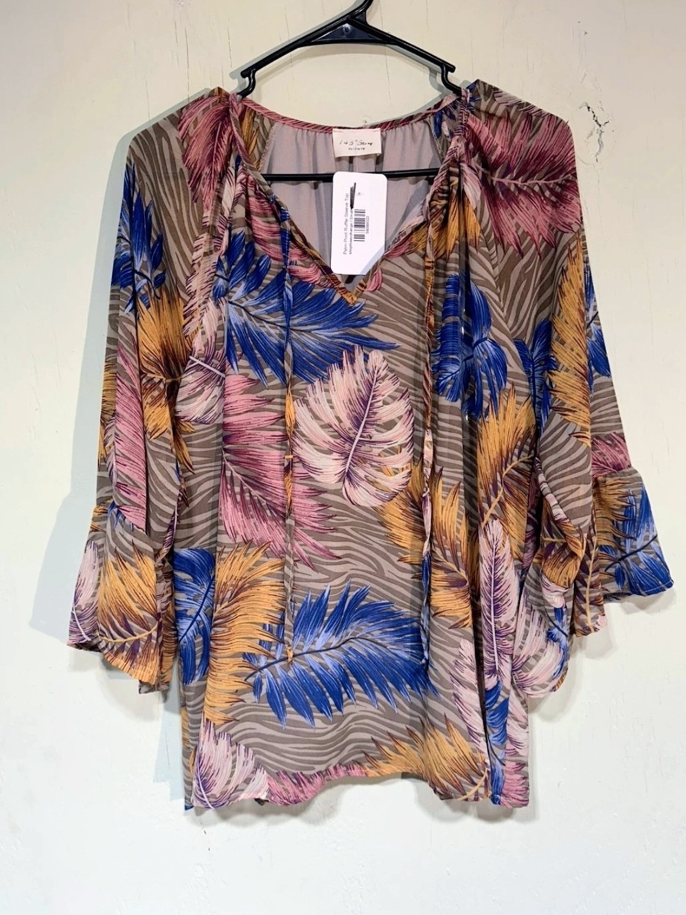 1.4.3. Story by Line Up Feather Print Peasant Blouse - Blue, Pink, Yellow, Tan